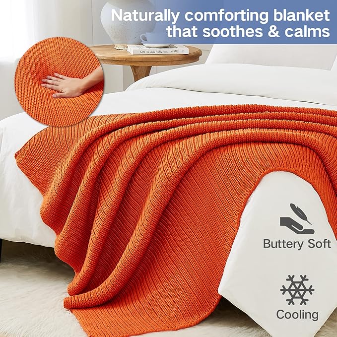 Guohaoi Knitted Weighted Blanket for Adults (Orange 50"x75" 20lbs) No Beads Cooling Throw Blanket for Hot Sleepers, Home Decor Breathable Chunky Knit Heavy Blanket Use on Full Size Bed
