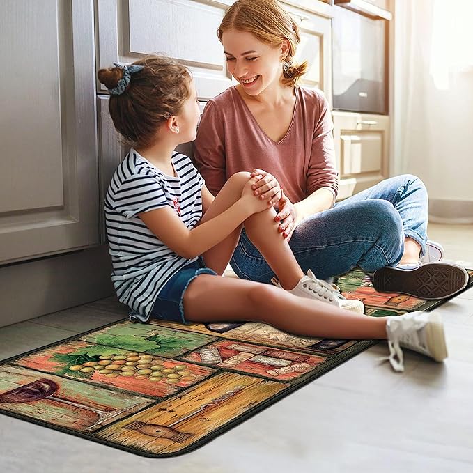 Wine Kitchen Rugs 2 Piece Set for Floor Mat, Non Skid Washable Absorbent Microfiber Wine Kitchen Mat for in Front of Sink for Standing for Home Wine Kitchen Decor 17"X30"+17"X47"