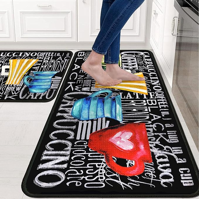 Coffee Kitchen Rugs 2 Piece Set for Floor Mat, Non Skid Washable Absorbent Microfiber Coffee Kitchen Mat for in Front of Sink for Standing for Home Coffe Kitchen Decor 17"X30"+17"X47"