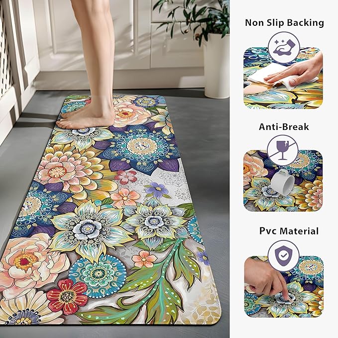 Boho Floral Kitchen Rugs Mats for Floor 2 Piece Memory Foam Padded Kitchen Mats Anti Fatigue Non Slip Cushioned Comfort Standing Mat, 17.3x28+17.3x47 Inch