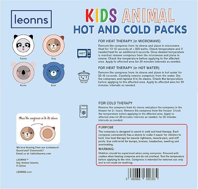 Leonns® Kids Ice Packs for Boo Boos, Reusable Cold Packs for Toddlers and Children with Soft Animal Covers | Relief for Bumps, Swelling, Bruises and Pain - Cute Gel Ice Pack Set 4-Pack (Panda)