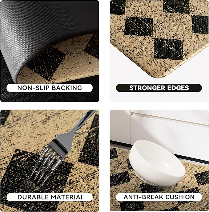 Brown Black Moroccan Trellis Checkered Kitchen Rug Sets [2 PCs], Anti-Fatigue, Waterproof Non-Slip Kitchen Mats Heavy Duty Ergonomic Comfort Foam Rug for Floor, Home, Laundry,17"x29"+17"x47"