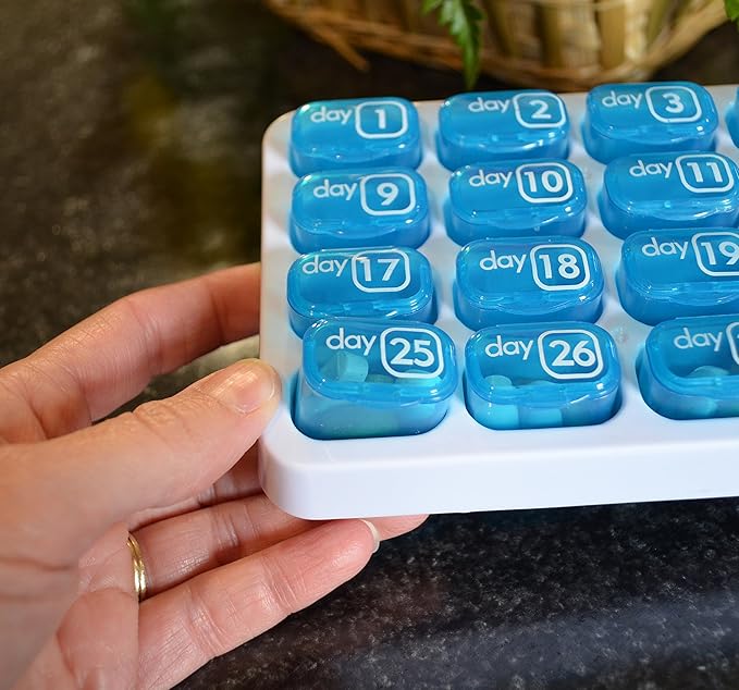 31 Day Monthly 3X a Day Pill Organizer with Daily Removable Pods (3 Pack, Yellow, Blue & Grey)