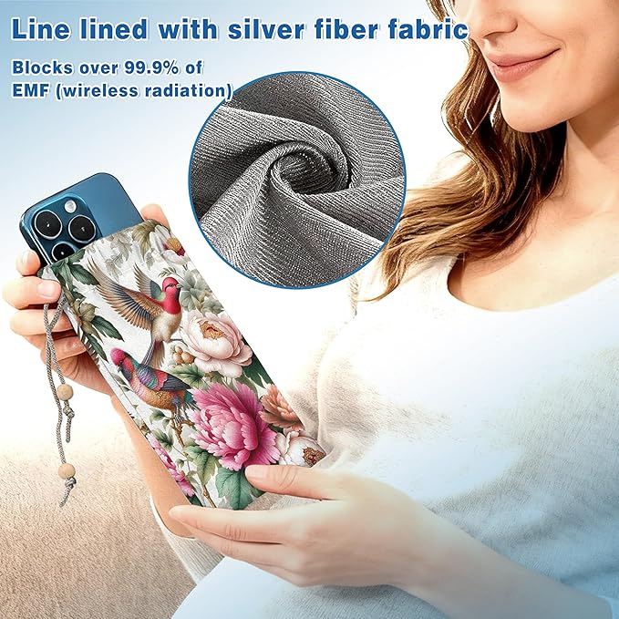 EMF Shield Sleeve for Cell Phone Reduce Signal Anti-EMP Pouch Against Radiation, EMF, 5G, RFID Blocking 4x8 Inch Pink Bird Phone Sleeve Bags
