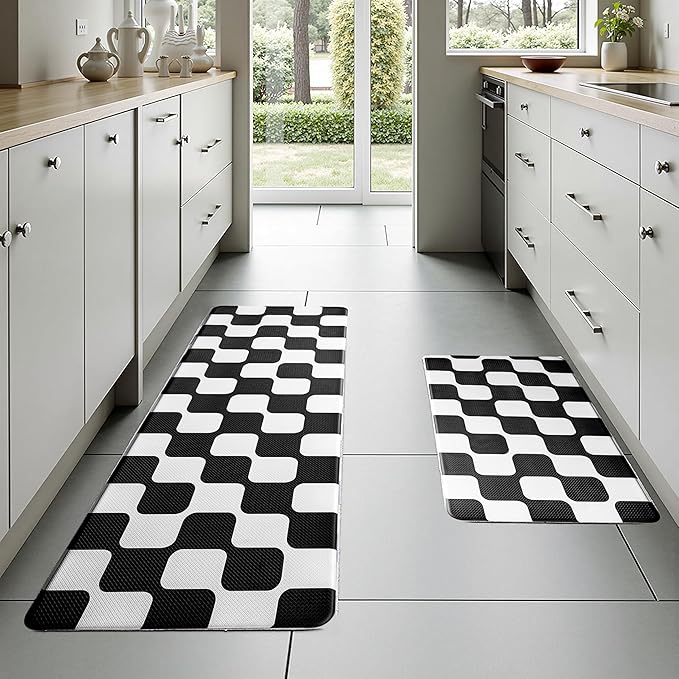 Black Retro Curvy Checkered Grid Checkerboard Kitchen Rug Sets [2 PCs], Anti-Fatigue, Waterproof Non-Slip Kitchen Mats Heavy Duty Ergonomic Comfort Foam Rug for Floor, Home, Laundry,17"x29"+17"x47"