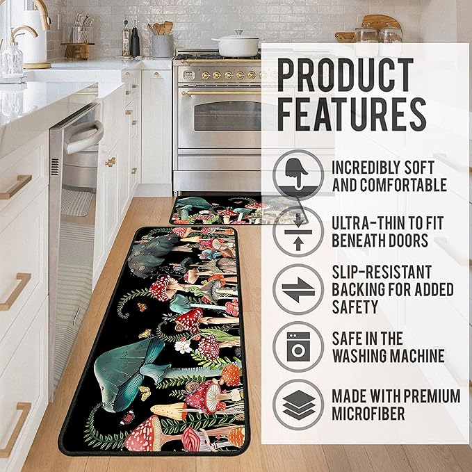 Mushroom Kitchen Rugs 2 Piece Set for Floor Mat, Non Skid Washable Absorbent Microfiber Mushroom Kitchen Mat for in Front of Sink for Standing for Home Mushroom Kitchen Decor 17"X30"+17"X47"