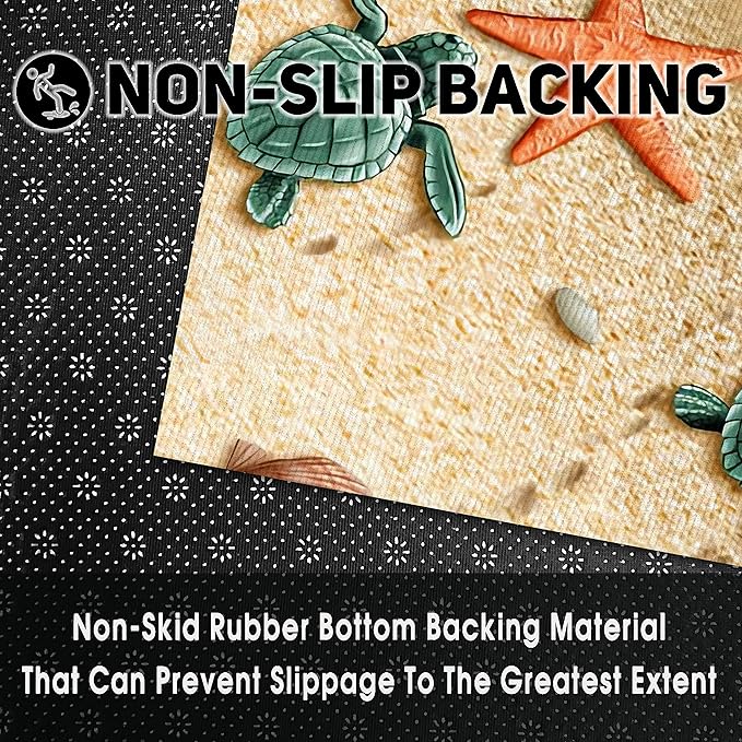 Beach Kitchen Rugs 2 Piece Set for Dog Sea Turtle Floor Mat, Nautical Rug Non Skid Washable Absorbent Nautical Kitchen Mat for in Front of Sink for Standing for Coastal Kitchen Decor 17"X30"+17"X47"