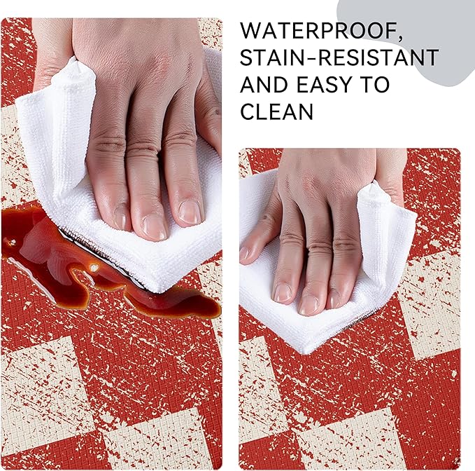Moroccan Trellis Red Checkered Kitchen Rug Sets [2 PCs], Anti-Fatigue, Waterproof Non-Slip Kitchen Mats Heavy Duty Ergonomic Comfort Foam Rug for Floor, Home, Laundry,17"x29"+17"x47"