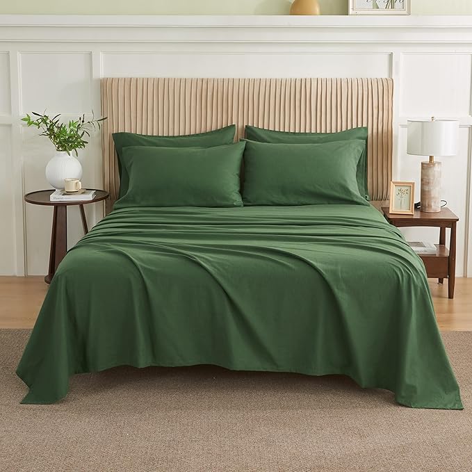 Simple&Opulence Belgian Linen Sheet Set Solid Color - 6 Pieces (1 Flat Sheet & 1 Fitted Sheet & 4 Pillowcases) 16" Deep Pocket Natural Flax Cotton Blended Soft Bedding - Forest Green, California King