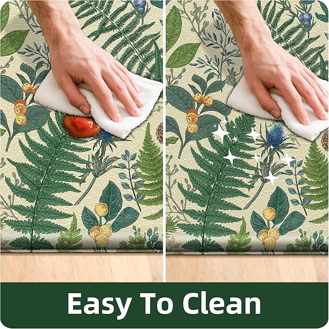 Beige Green Botanical Kitchen Rugs Set of 2 Plant Leaf Anti-Fatigue Kitchen Mat Natural Comfort Standing Waterproof PVC Mats 2/5" Thick Leather Carpet for Laundry Office Sink(17.3" x28" + 17.3" x 47")