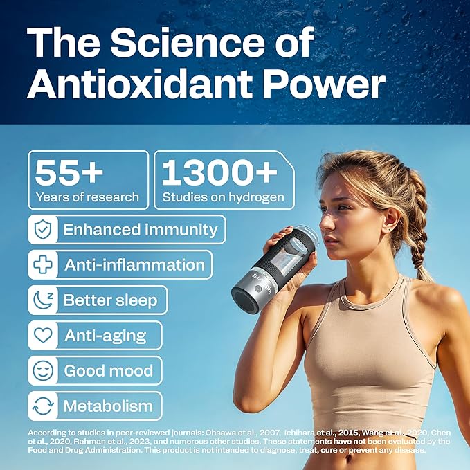 Hydrogen Water Bottle | Large 16.2 oz (480 ml) Hydrogen Water Bottle Generator 3000ppb | Hydrogenator Machine | SPE/PEM Hydrogenated Ionizer Generator (Steel w/Black)