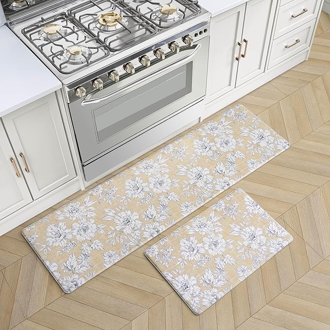 Laura Ashley - Anti-Fatigue Kitchen Mat, Iris Floral Design, Stain, Water & Fade Resistant, Cooking & Standing Relief, Non-Slip Backing, 2 Piece Set: 17.5" x 60" / 17.5" x 28" Yellow Iris