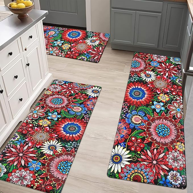 Likiyol Boho Kitchen Rugs Floral Kitchen Mats for Floor Bohemian Cushioned Anti Fatigue Mats for Kitchen Floor Non Slip Washable Kitchen Mat for Home, Sink, 18''x30''+18''x48''+18''x60'', Red