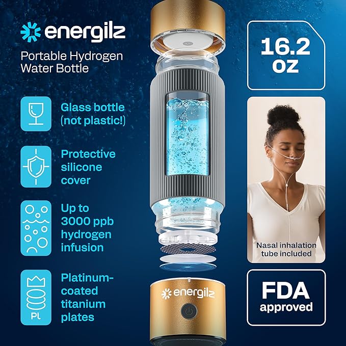 Hydrogen Water Bottle | Large 16.2 oz (480 ml) Hydrogen Water Bottle Generator 3000 ppb | Hydrogenator Machine | SPE/PEM Hydrogenated Ionizer Generator (Golden w/Gray)