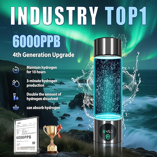 5.0 New Upgraded Hydrogen Water Bottle - Hydrogen Concentration up to 6000 PPB【SGS-Certified Hydrogen Generator】 2025 SPE/PEM Technology Odorless Double Hydrogen Content for Sports/Home/Office/Travel