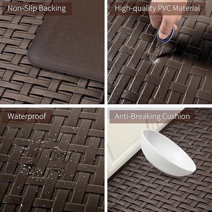 2PCS UKISS Kitchen Rugs, Cushioned Anti Fatigue Kitchen Mats for Floor, Waterproof Kitchen Rug，Non-Slip Comfort Standing Mat for Kitchen, Floor Home, Office, Sink, Laundry,17.3"x28"+17.3"x60",Brown