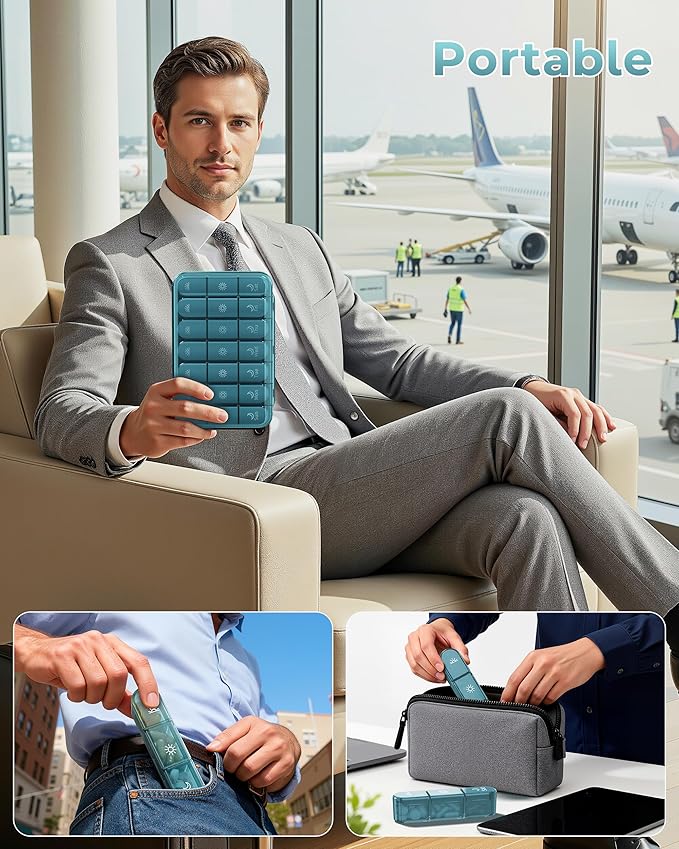 Pill Organizer 3X a Day｜Deep Blue Portable Pill Case｜7-Day Weekly Compartment｜Executive Travel Essential｜BPA-Free Health Companion｜Briefcase Must-Have