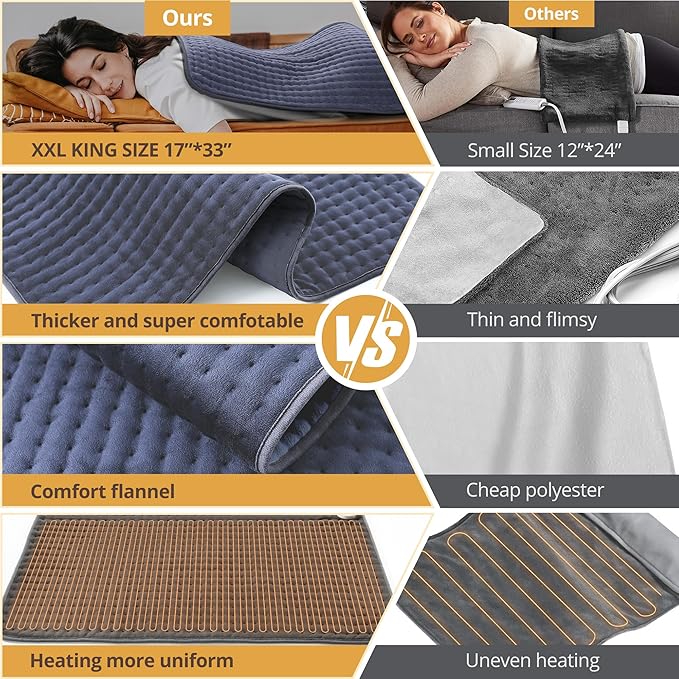 Heating Pad for Back Pain Relief, 17" X 33" XXX-Large Heating Pads for Cramps,Electric Heating Pad XL with 6 Fast Heating Settings,Moist Dry Heat Options,Auto-Off,Machine Washable,Purple Gray
