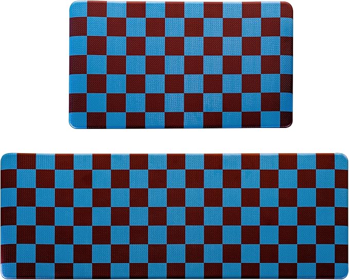 Peacock Blue Checkered Grid Checkerboard Kitchen Rug Sets [2 PCs], Anti-Fatigue, Waterproof Non-Slip Kitchen Mats Heavy Duty Ergonomic Comfort Foam Rug for Floor, Home,17"x29"+17"x47"
