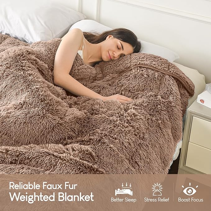 Cottonblue Weighted Blanket 20 lbs for Adults Queen Size, Luxury Sherpa Faux Fur Reversible Plush Weighted Blankets Throw 60x80 in, Snugly Long Fur Warm Heavy Blanket for Couch Sofa Bed, Brown/Khaki