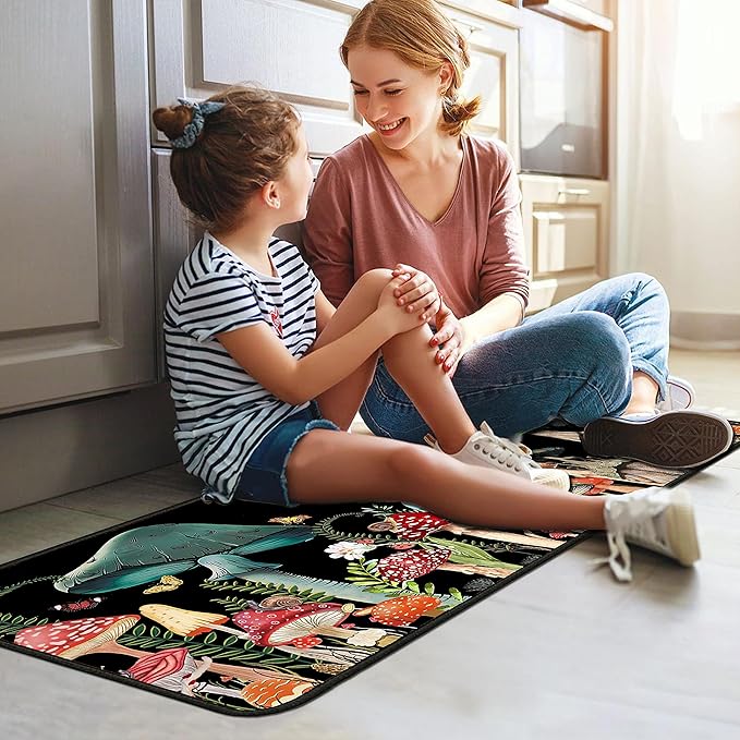Mushroom Kitchen Rugs 2 Piece Set for Floor Mat, Non Skid Washable Absorbent Microfiber Mushroom Kitchen Mat for in Front of Sink for Standing for Home Mushroom Kitchen Decor 17"X30"+17"X47"