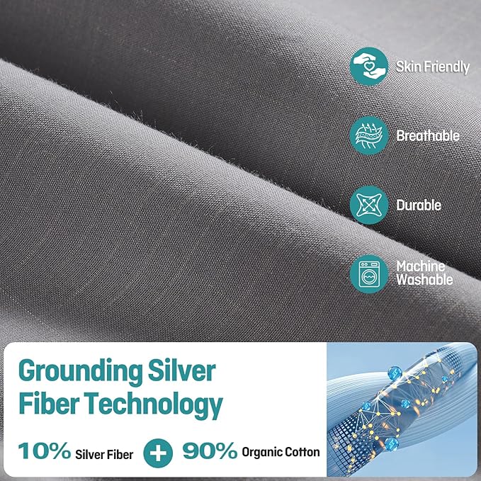 Grounding Fitted Sheets Queen Size, Grounding Sheets Queen with 10% Silver Fiber, 15'' Deep Pocket Grounded Fitted Bed Sheets for Better Sleep & Wellness, 60"x80"x15", Gray