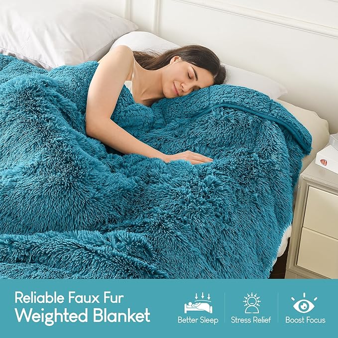 Cottonblue Adults Weighted Blanket 17lbs 60x80 inches for Queen Bed, Faux Fur Sherpa Weighted Blanket for Sofa Couch Bed, Plush Cozy Bed Blanket with Glass Beads for Calm and Relax,Teal Green