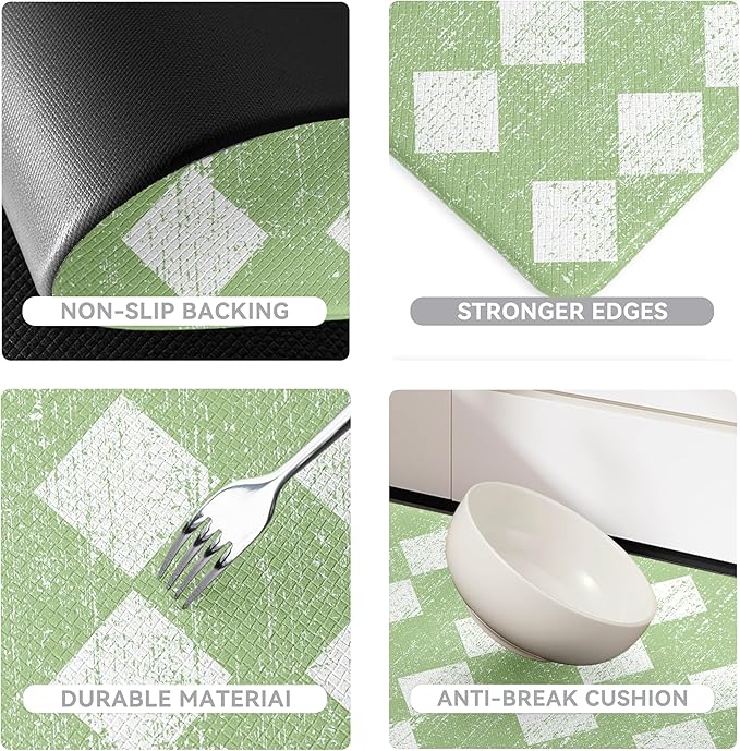 Moroccan Trellis Fresh Green Checkered Kitchen Rug Sets [2 PCs], Anti-Fatigue, Waterproof Non-Slip Kitchen Mats Heavy Duty Ergonomic Comfort Foam Rug for Floor, Home, Laundry,17"x29"+17"x47"