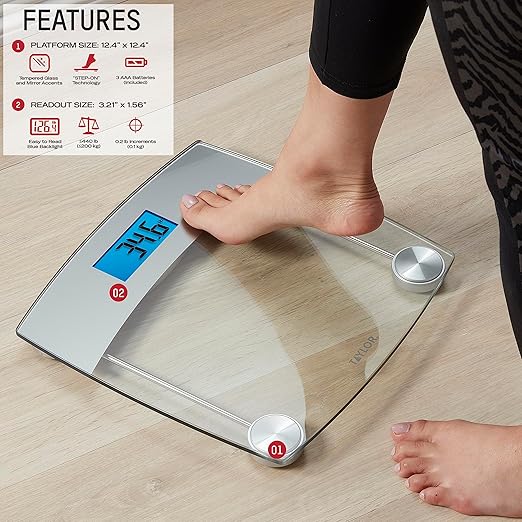 Taylor Digital Scales for Body Weight, Extra High 440 LB Capacity, Unique Blue LCD, Stainless Steel Accents Glass Platform, 12.4 x 12.4 Inches, Clear