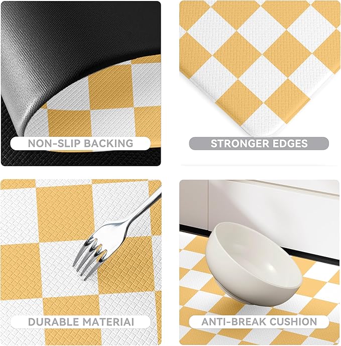 Yellow Checkered Grid Checkerboard Kitchen Rug Sets [2 PCs], Anti-Fatigue, Waterproof Non-Slip Kitchen Mats Heavy Duty Comfort Foam Rug for Kitchen, Floor, Laundry,17"x29"+17"x47"