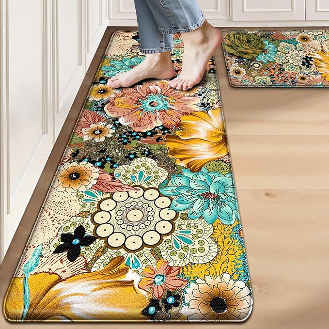 Kitchen Mats For Floor Cushioned Anti Fatigue Sets of 2 Boho Floral Kitchen Rugs Non Slip Waterproof Foam Kitchen Floor Mats Padded Comfort Standing Mat Rug For Sink Laundry Office, 17.3x28+17.3x59