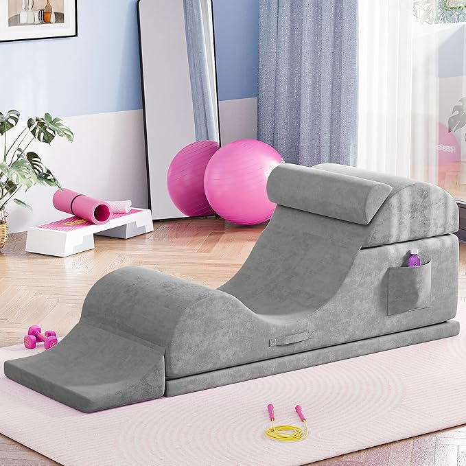 Convertible Yoga Chair for Adults, Ergonomic Foam Lounge with Lumbar Pillow, Washable Cover, Side Pocket, No Assembly Needed – Great for Exercise, Stretching & Relaxation Gray