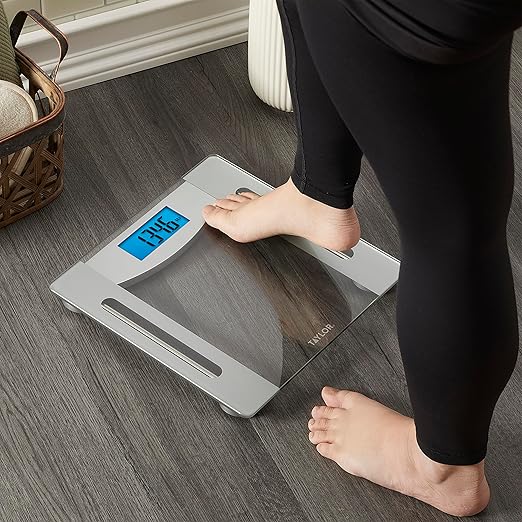Taylor Smart Weight Tracking Scale with Precision Hub App for Body Weight with Smart App Connectivity, 400 lb Capacity, Glass & Silver Platform, Blue Backlit Display, Sync with 3rd Party App, Clear
