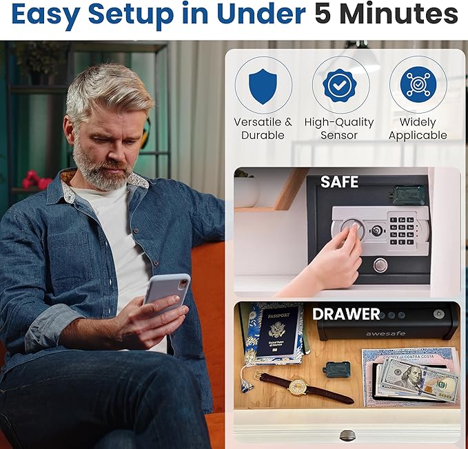 Instant Kini Safe Alert Wi-Fi Motion Sensor Alarm - Real-time SMS, Email, IFTTT - Great for Gun Safes, Cabinets, Office - Easy Install, No Subscription, Long Lasting Rechargeable Battery, USA-Made