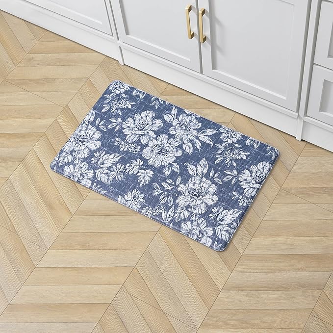 Laura Ashley - Anti-Fatigue Kitchen Mat, Iris Floral Design, Stain, Water & Fade Resistant, Cooking & Standing Relief, Non-Slip Backing, Measures 17.5" x 32", Navy Iris