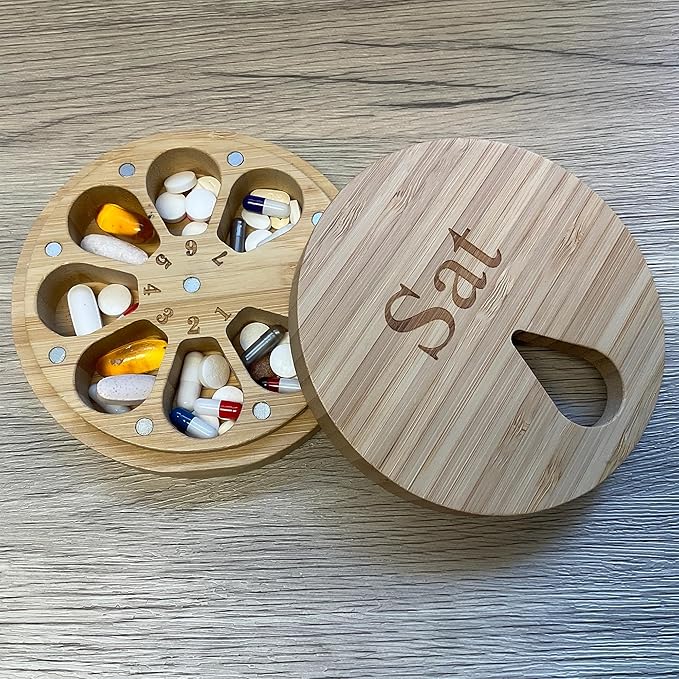 e-Pill Bamboo Weekly Pill Organizer, 7 Day Pill Box for Tablets, Vitamins or Supplements (Weekly)