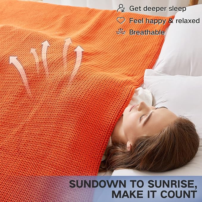 Guohaoi Knitted Weighted Blanket for Adults (Orange 50"x75" 15lbs) No Beads Cooling Throw Blanket for Hot Sleepers, Home Decor Breathable Chunky Knit Heavy Blanket Use on Full Size Bed