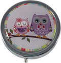 Charming Purple Owls Round 3-Compartment Metal Pill Organizer, Compact 2-Inch Travel Pill Case for Purse or Pocket