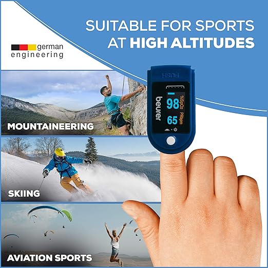 Beurer PO50 Fingertip Pulse Oximeter, Blood Oxygen Saturation & Heart Rate Monitor, 4 Colored Graphic Display Formats, Extra-Small & Light, Strap & Batteries Included