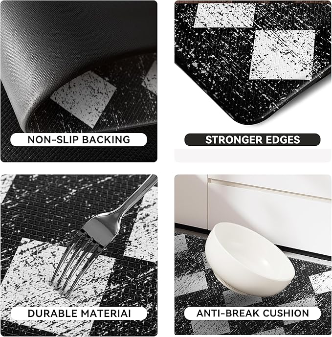 Black Moroccan Trellis Checkered Kitchen Rug Sets [2 PCs], Anti-Fatigue, Waterproof Non-Slip Kitchen Mats Heavy Duty Ergonomic Comfort Foam Rug for Floor, Home, Laundry,17"x29"+17"x47"