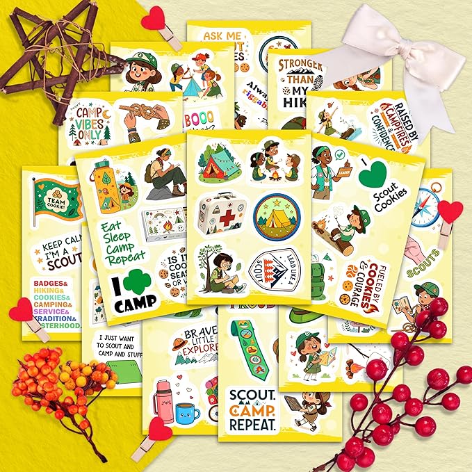 100Pcs Camping Girl Stickers for Water Bottle, Laptop - Cookie Dealer Stickers - Camping Party Supplies & Gifts for Girl - Outdor Adventure Decals - Gift for Women & Men