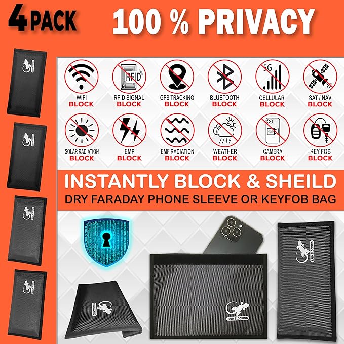 4 Faraday Bag Anti-Tracking GPS RFID Car Key Signal Blocker Wallet Shielding Pouch Protective Case for Cell Phone Car Key FOB, Data Privacy, Electronic Device Security (4 PACK - BLACK AND GRAY)