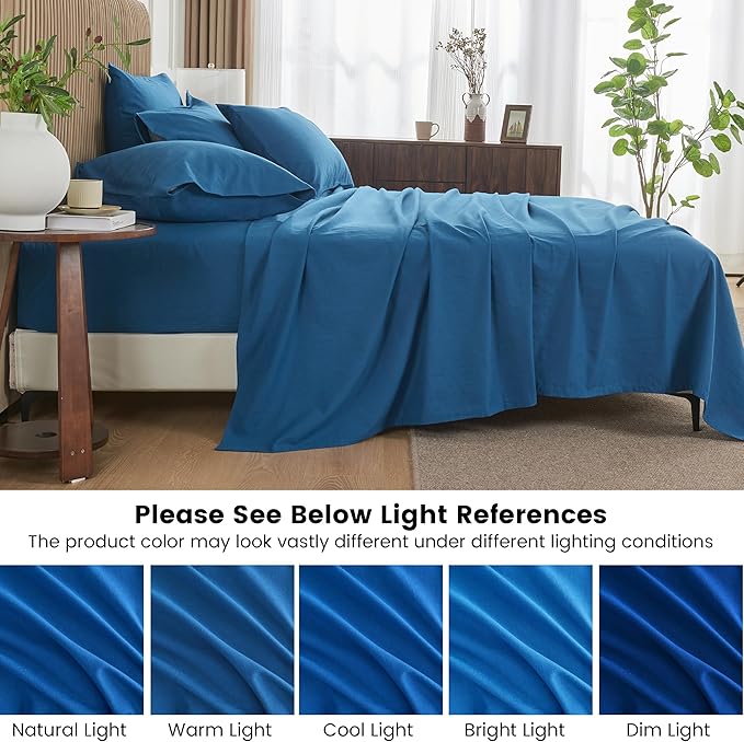 Simple&Opulence Belgian Linen Sheet Set Solid Color - 6 Pieces (1 Flat Sheet & 1 Fitted Sheet & 4 Pillowcases) 16" Deep Pocket Natural Flax Cotton Blended Soft Bedding - Navy Blue, California King