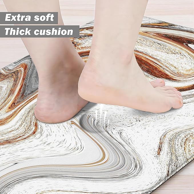 Kitchen Mats for Floor Anti Fatigue Floor Marble Cushioned Memory Foam Non Slip PVC Leather Padded Comfort Standing Rugs Set of 2, 17.3x28+17.3x59 Inch, 0.4 Inch Thick