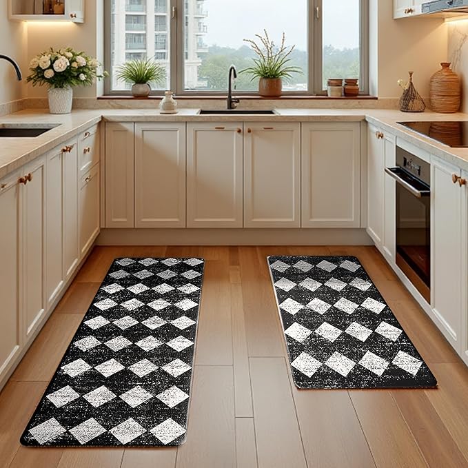Black Moroccan Trellis Checkered Kitchen Rug Sets [2 PCs], Anti-Fatigue, Waterproof Non-Slip Kitchen Mats Heavy Duty Ergonomic Comfort Foam Rug for Floor, Home, Laundry,17"x29"+17"x47"