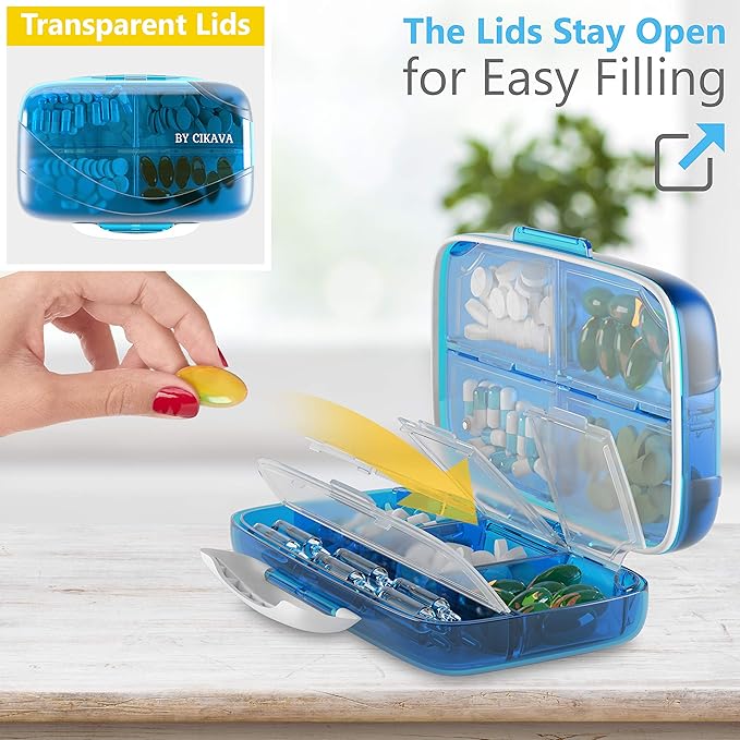 Moisture Proof Pill Sorter Organizer Box Dispenser Home Supplement Holder Portable Vitamin Jumbo Size 8 Compartment Airtight Travel Pill Container Daily Medicine