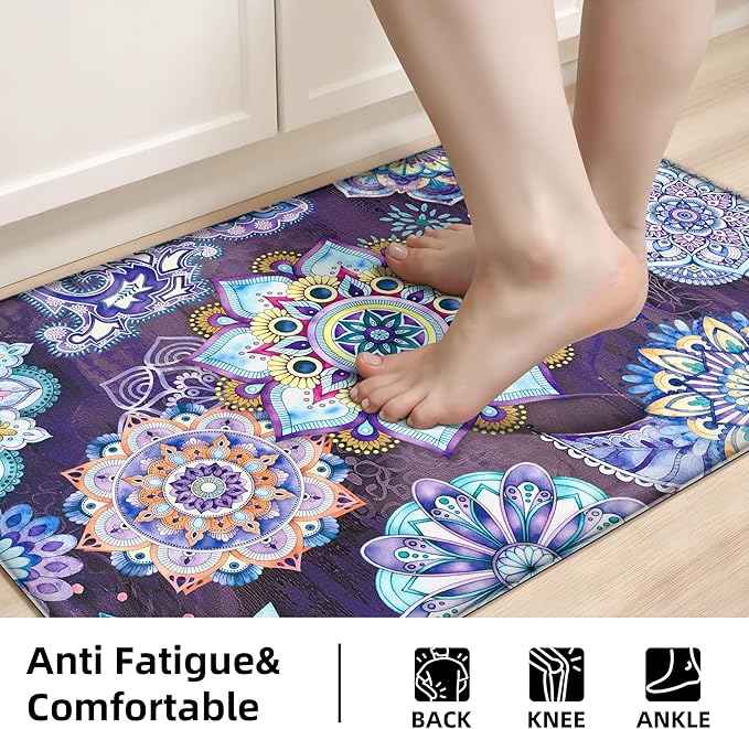 Boho Purple Floral Kitchen Rugs Mats for Floor 2 Piece Memory Foam Padded Kitchen Mats Anti Fatigue Non Slip Cushioned Comfort Standing Mat, 17.3x28+17.3x47 Inch