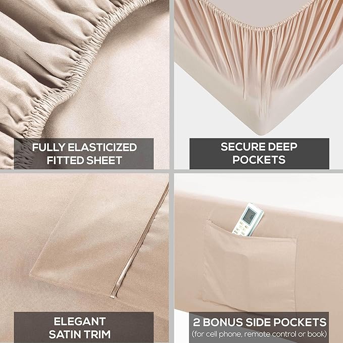 Mueller Ultratemp King Size Sheets Set, Super Soft 1800, 6 Piece, Deep Pocket up to 16" Cooling Sheets King Size, Transfers Heat, Breathes Better, Hypoallergenic, Wrinkle, Cream