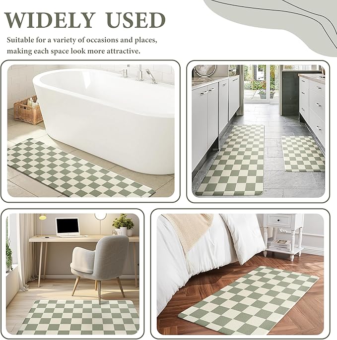 Beige Sage Checkered Grid Checkerboard Kitchen Rug Sets [2 PCs], Anti-Fatigue, Waterproof Non-Slip Kitchen Mats Heavy Duty Comfort Foam Rug for Kitchen, Floor, Laundry,17" x59“