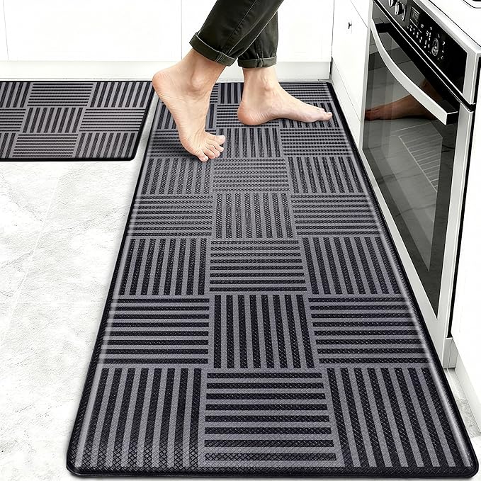 Kitchen Mats For Floor 2 Piece Cushioned Anti Fatigue Kitchen Plaid Rugs Set Non Slip Waterproof Comfort Foam Standing For Laundry,Desk,Office,Bathroom,Apartment Decor,17.3"X29"+17.3"X47",Black